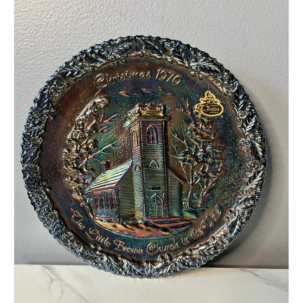 Vintage Fenton Christmas 1970 Plate – Little Brown Church in the Vale